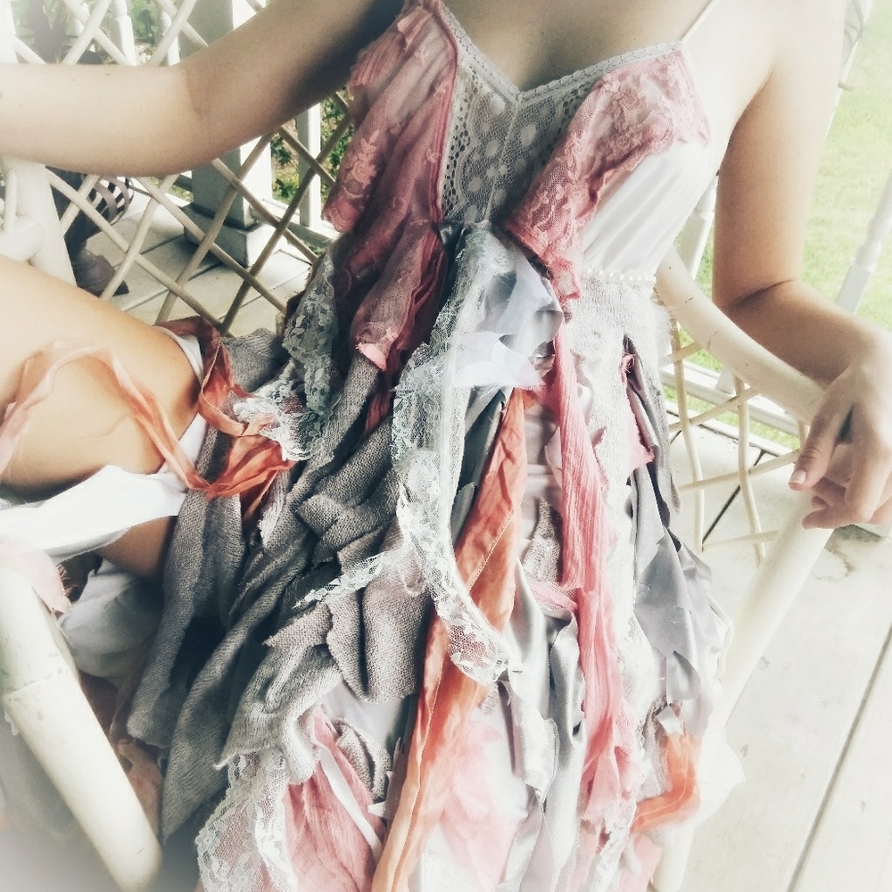 Upcycled Ooak Boho Gypsy Salmon Pink Festival Dress